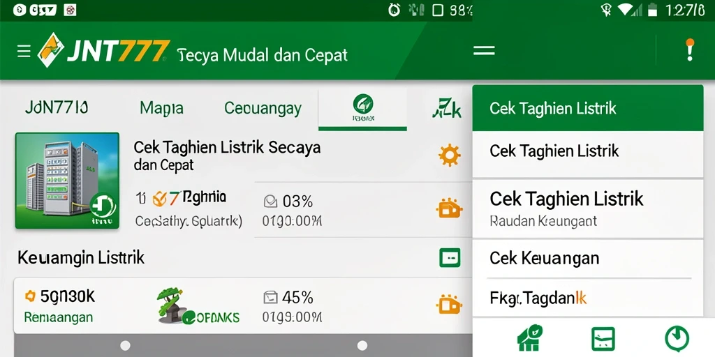 Antarmuka pengguna JNT777 untuk cek tagihan listrik.