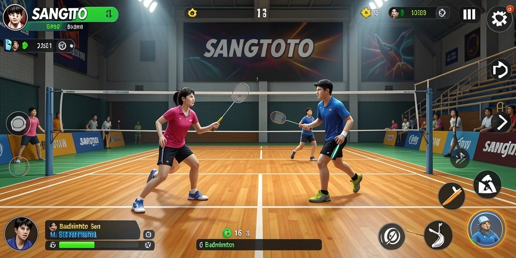 Antarmuka permainan SANGTOTO dengan karakter Badminton yang menarik.